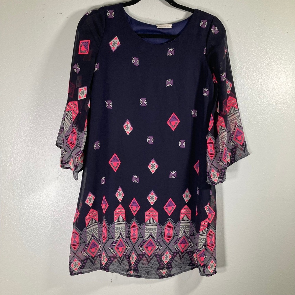 Millibon USA M Navy Blue Geometric Diamond Print Chiffon Bell Sleeve Shift Dress